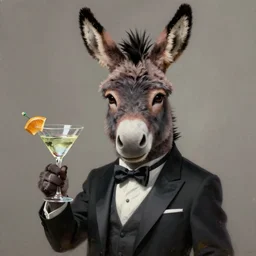 a portrait of an anthropomorphic donkey holding a martini, cyberpunk!, fantasy, elegant, digital painting, artstation, concept art, matte, sharp focus, illustration, art by josan gonzalez
