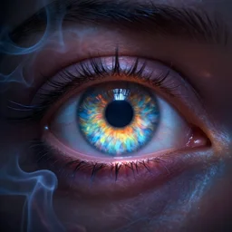 a beautiful detailed close up of a magical eye, ominous, magical realism, texture, intricate, whirling smoke, radiant colors, fantasy, volumetric lighting, high details