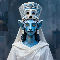 portrait lemurian priestess with long neck and hands geometric headdress and mask, winter snow ice frost blue skin, low poly, white cloth mantia, concept art, abstract background, by boris vallejo, deak ferrand, and greg rutkowski and rhads