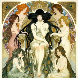 highly detailed beautiful cute girls with peacock feathers, endless black hair, with pale skin, fibonacci, fragile, sitted on an intricate stone throne by alphonse mucha, ayami kojima, yoshitaka amano, charlie bowater, karol bak, greg hildebrandt, jean delville, and mark brooks, 4 k resolution