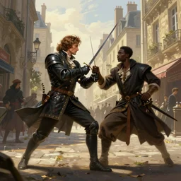 a french gentleman with a rapier in a duel with a rogue blackman in the streets of a fantasy paris in french revolution, epic fantasy digital art, fantasy style art, by Greg Rutkowski, fantasy hearthstone card art style