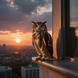 An owl sitting on a balcony of a skyscraper, dramatic sunset in the background