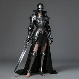 full portrait, female vampire knight in black heavy armor, metal mask, tall gladiator sandals, barefoot, little skin shown, enchanting, mysterious, elegant, ghostblade, wlop, good lighting, realistic proportions, reasonable fantasy