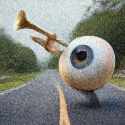 Photograph of A large eyeball bouncing down the road playing a trumpet.