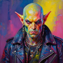apocalyptic scifi orcish biker character posing for a professional photo, psychedelic vibrant colors, futuristic punk rock fashion, oil painting by michael whelan art, perfect face, sharp focus, detailed eyes, realistic, leather jacket, 8 k