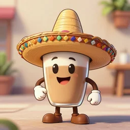 animated anthropomorphic coffee cup wearing a cinco de mayo sombrero