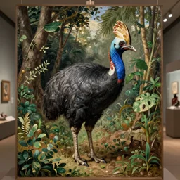 medieval painting of a cassowary in its natural habitat, realistic, museum collections, art collection, historical, oil painting, award winning, masterpiece