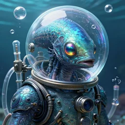 marine alien by akihiko yoshida, with intricate fish skin patterns, iridescent eyes, glass bubble helmet, escaping air bubbles, glass life support tubes, detailed!, very sharp!!!