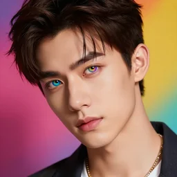 photo realistic digital art of the most handsome young man in the world, he is seductive, beautiful and has multicoloured eyes that shine. very colourful background