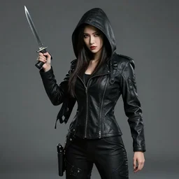 full shot photo of a a beautiful female assassin with daggers