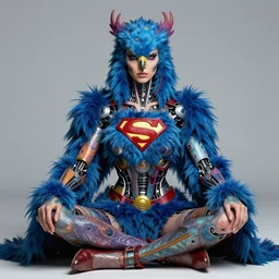 a portrait photograph of a meditating fierce sadie sink as a colorful harpy bird super hero with blue fur. she is mutated and has alien skin grafts and cyborg body modifications. by donato giancola, hans holbein, walton ford, gaston bussiere, peter mohrbacher and brian froud. 8 k, cgsociety, fashion editorial