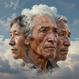faces of old indigenous people embedded made of clouds in the sky, art by christophe vacher