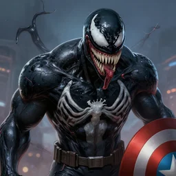 portrait of venom fused with captain america, concept art, digital painting, trending on artstation, deviantart, epic composition, extremely detailed, ambient lighting, masterpiece, sharp focus, octane render