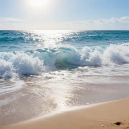 beautiful crystal water sea with big breaking waves, sandy beach in the foreground, sun in the sky, hyperdetailed, artstation, cgsocitety, 8 k