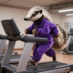 epic professional digital art of an anthropomorphic anteater in a purple track suit, running on a treadmill,, best on artstation, cgsociety, wlop, Behance, pixiv, astonishing, impressive, outstanding, epic, cinematic, stunning, gorgeous, much detail, much wow,, masterpiece.