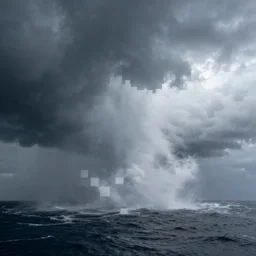 Hurricane at sea, square droplets falling from pixel clouds