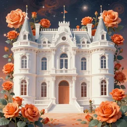 The front of the white Rococo-style castle is full of roses, Art Nouveau Cosmic 4k Detailed Matte Illustration featured on Getty Images ,CGSociety, Jade and Carrot orange color scheme, Pastiche by Marc Simonetti, Pastiche by Cedric Peyravernay