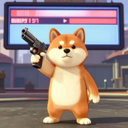 shiba inu holding a gun in gta v, cover art by stephen bliss, boxart, loading screen