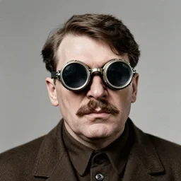 josef stalin wearing big steampunk googles, photo by gustave baumann