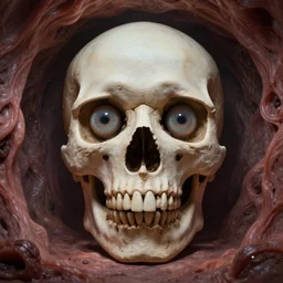 giant skull floating inside a room made of flesh with giant eyes staring back by Zdzislaw Belkinski , digital art, surreal, horror, HD, 8K