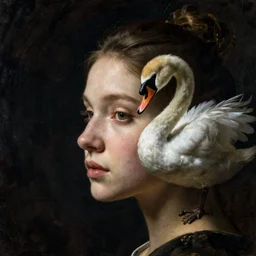 a woman's face in profile, made of swan, in the style of the dutch masters and gregory crewdson, dark and moody