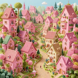 a hiper intricate 3 d artwork of a beatifull serene village with cute pink houses, intricate, highly detailed, digital painting, artstation, concept art, extremely detailed, sharp focus, octane render wide view, smooth, digital illustration, colorfull, by wlop, by hieronimus bosch,