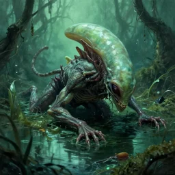 extremely disturbing alien creature crawling through a swamp, created by Scott Listfield