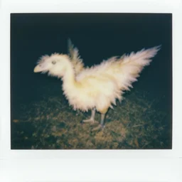 blurry polaroid picture of a feathery dinosaur