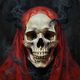 ugly skull from heaven covered with black smoke and transparent red fabric, a painting by h. r giger, zdzisław beksinski, greg rutkowski. hyper detailed portrait.