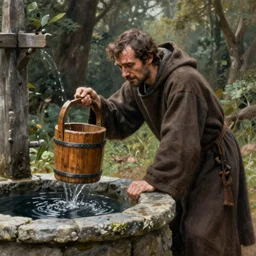 a medieval monk with a suffering look to his face, pulling a wooden bucket of water out of a stone well, highly detailed, oil painting, masterpiece, nature, fantasy illustration, romanticism, award winning,