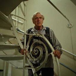 7 0 s _ movie _ still of a _ old _ man with a _ spiral _ stair in _ the _ chest in _ the _ hospital, cinestill _ 8 0 0 t _ 3 5 mm eastmancolor, heavy _ grain, high _ quality, high _ detail