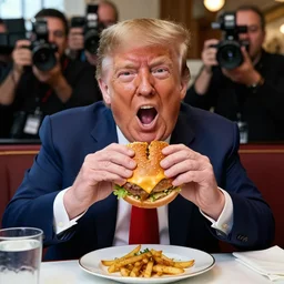 donald trump stting at a restaurant table eating a cheeseburger with his mouth wide open, paparazzi photo