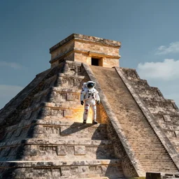 an astronaut standing next to a glowing portal on the top of an aztec pyramid, photorealistic, ultra high resolution, ultra detailed, 8 k