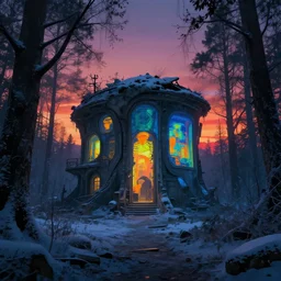 abandoned by moshe safdie, thermal imaging azeroth bioshock at night synthwave forest sci - fi hyperrealism sunset vaporwave darkacademia alien at winter studio ghibli, archdaily, wallpaper, highly detailed, trending on artstation.