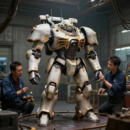 Battletech portrait of Atlas Assault Mech being worked on by technicians in a mech bay, Battletech, by Greg Rutkowski, sharp lighting, 4k, detailed