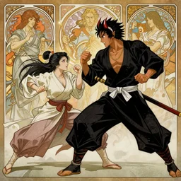 An epic fight moment between one demon slayer with one female skilled samourai in style of by gaston bussiere, and craig mullins and greg rutkowski and alphonse mucha, awesomenes , concept art world,