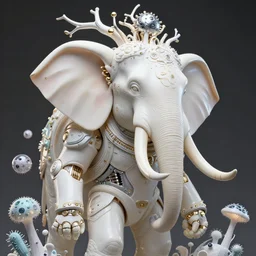hyper detailed ultra sharp portrait of a beautiful well contoured porcelain ivory smooth fair cyborg warrior elephant model, up close shot, sharp focus, global illumination, radiant light, biomechanical white silver gold rhizomorphs headdress, cyberpunk brackets, laser cut paper microbes, bubble mushrooms, puffballs, alexandre ferra white mecha, irakli nadar, alexander mcqueen, octane highly render, 4 k, ultra hd,