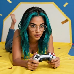 portrait of beautiful dominican woman with dark turquoise hair with black roots, prominent brow, silver frame glasses, laying under a yellow sheet playing video games, confetti in the sky on a hexagon shape, art by j scott campbell, vfx, sharp details