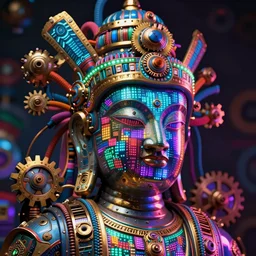awardwinning photo of a trippy steampunk buddha, the face is covered with multicolored glowing digital displays, wearing a glowing blue and golden metallic aztec helmet with multicolored cables and shiny metallic gears, 3 d render, crisp, 8 k, fluorescent colors, nikon photography