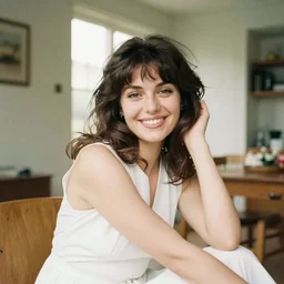 woman smiling to the camera, touching her hair, white dress, home, natural light, retro film, 7 0 s, disposable film, 8 mm, analog