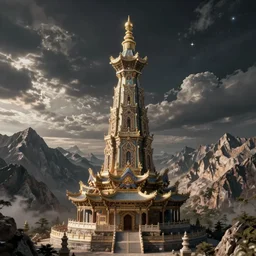 ornate celestial tower, rising from mountain range, complex and detailed