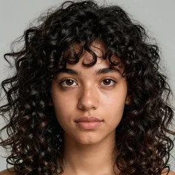 portrait of a young lady with curly black hair with, round face, big brown eyes, picture, hyperrealistic, focused, hyper realistic, ultra detailed, volumetric lighting,