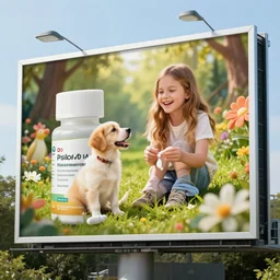 billboard ad showing a happy girl and a puppy in a wonderland, ad for a psilocybin pharmaceutical pill, detailed, realistic, photography