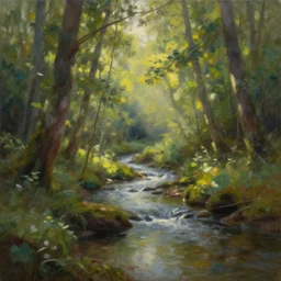 an emotional painting of a morning in the woods by a creek with sun shining through the trees, oil painting