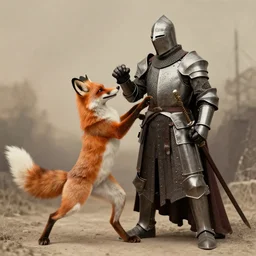 an anthropomorphic fox furry fighting an evil knight who is twice as tall, 1 9 0 0 s photograph