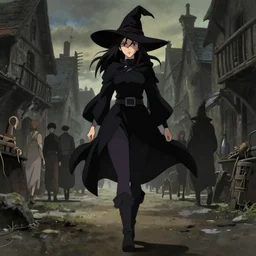 ilya kuvshinov, cel shading, moody, key anime visual portrait of a young female witch walking through a busy medieval village, dynamic pose, dynamic perspective, cinematic, dramatic lighting, muted colors, detailed silhouette, textured, anime proportions, alphonse mucha, perfect anime face, kyoani, yoh yoshinari, takashi murakami