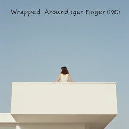 a still of a woman standing behind a huge minimalist white balcony, outside view, clear sky, minimalist composition, music video Wrapped Around your Finger (1983)