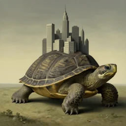 giant turtle with a city on its back by René Magritte, detailed, 4k