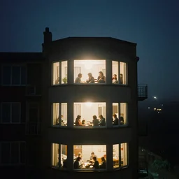 looking into the windows of a small tower block from outside , observing the private lives of the human inhabitants, volumetric lighting shines through the misty nighttime sky , Kodak portra 400