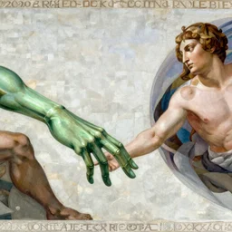 michelangelo painting of The Creation of Adam except The hand on the left is a green alien hand with three thin fingers